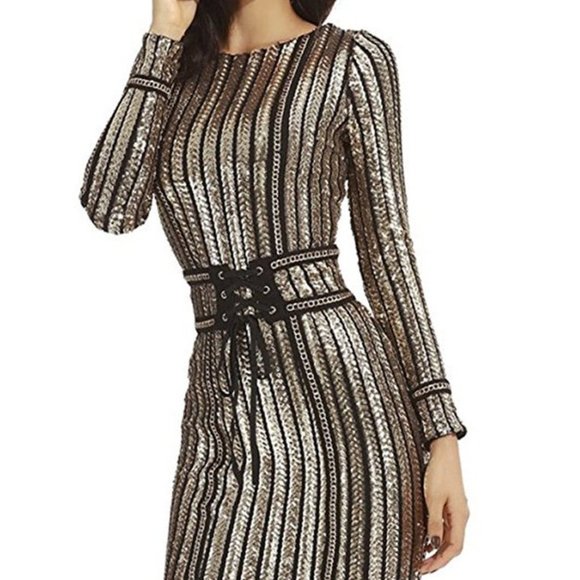New Women's Long Sleeves Mini Bodycon Cocktail Party Dress with Sequins - Picture 2 of 5